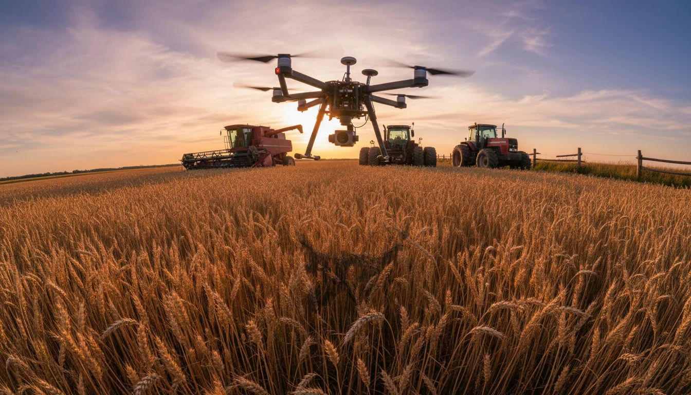 A drone hovers over golden wheat, casting a sharp shadow near rugged farm equipment under a vast sky.