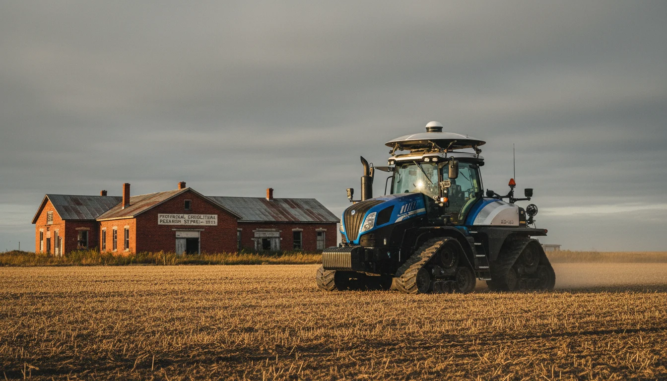 A sleek autonomous tractor drives through a sunlit field, with a weathered research station in the distance.
