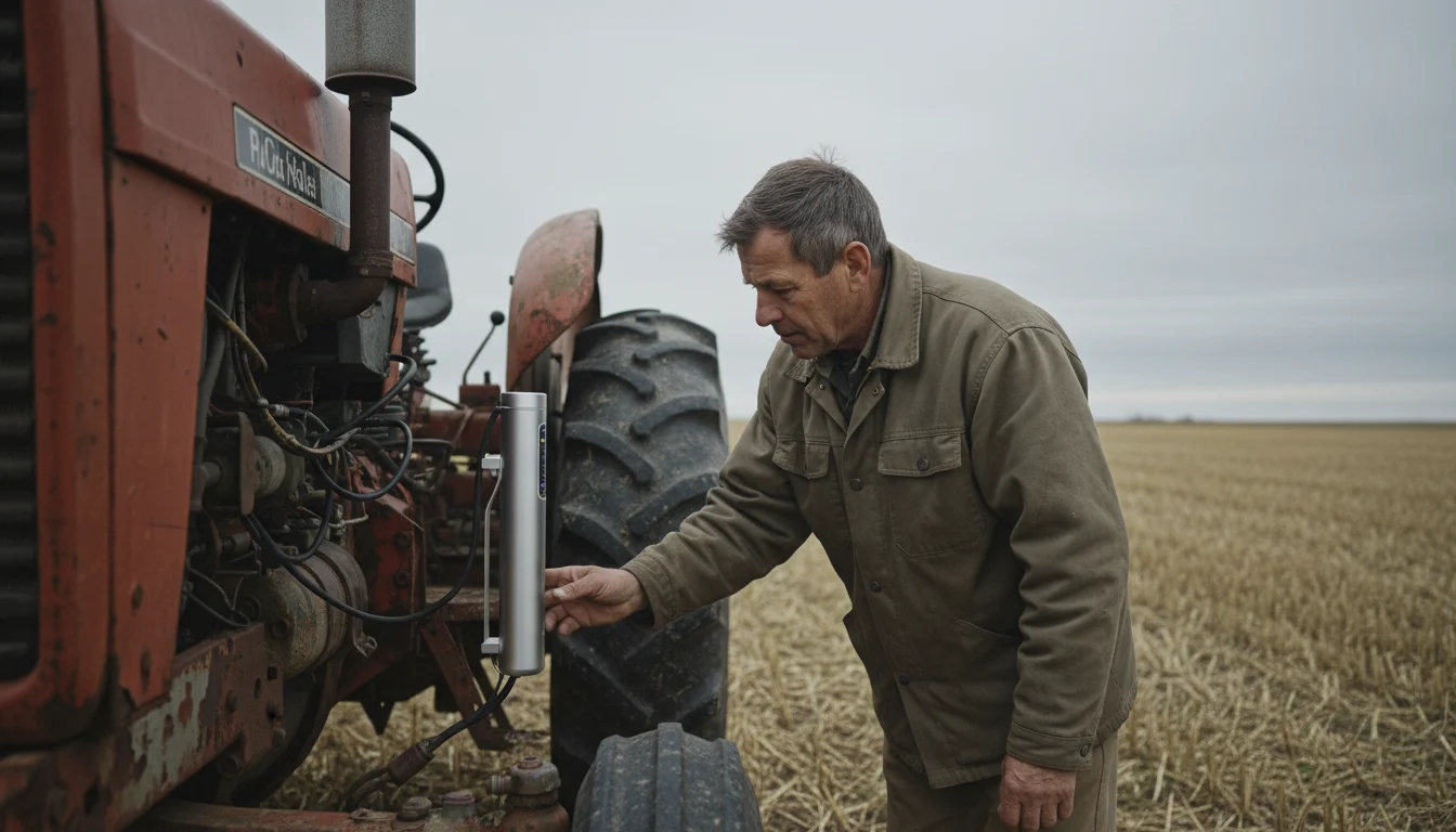 Solitary farmer inspects a sleek sensor on a weathered tractor in a Saskatchewan field under an overcast sky.
