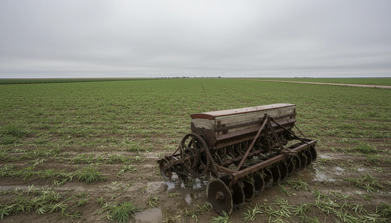 Weathered seeder rests before damp prairie hemp rows under an overcast sky, muted earth tones.