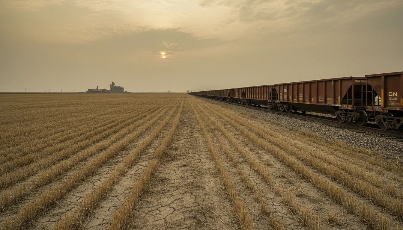 Empty grain rail cars line tracks before drought-damaged crops under a hazy prairie sky.