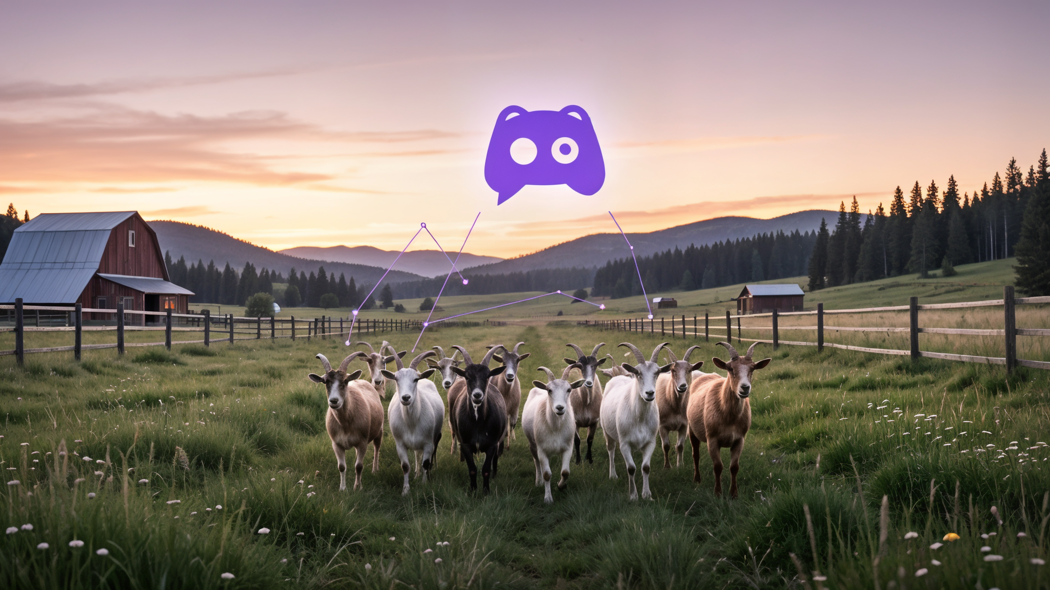A goat herd crossing a field beneath a purple Discord emblem at dusk