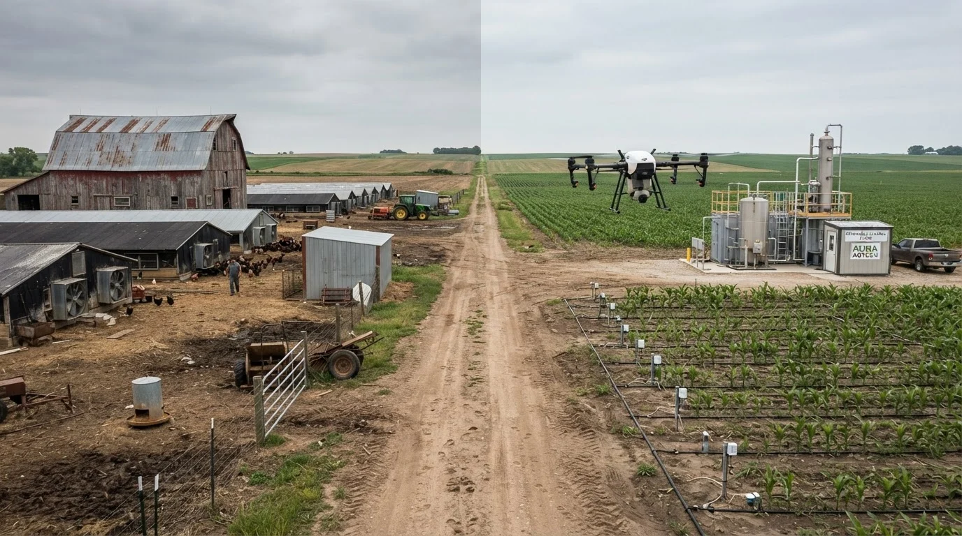 Split scene of past and future of agriculture