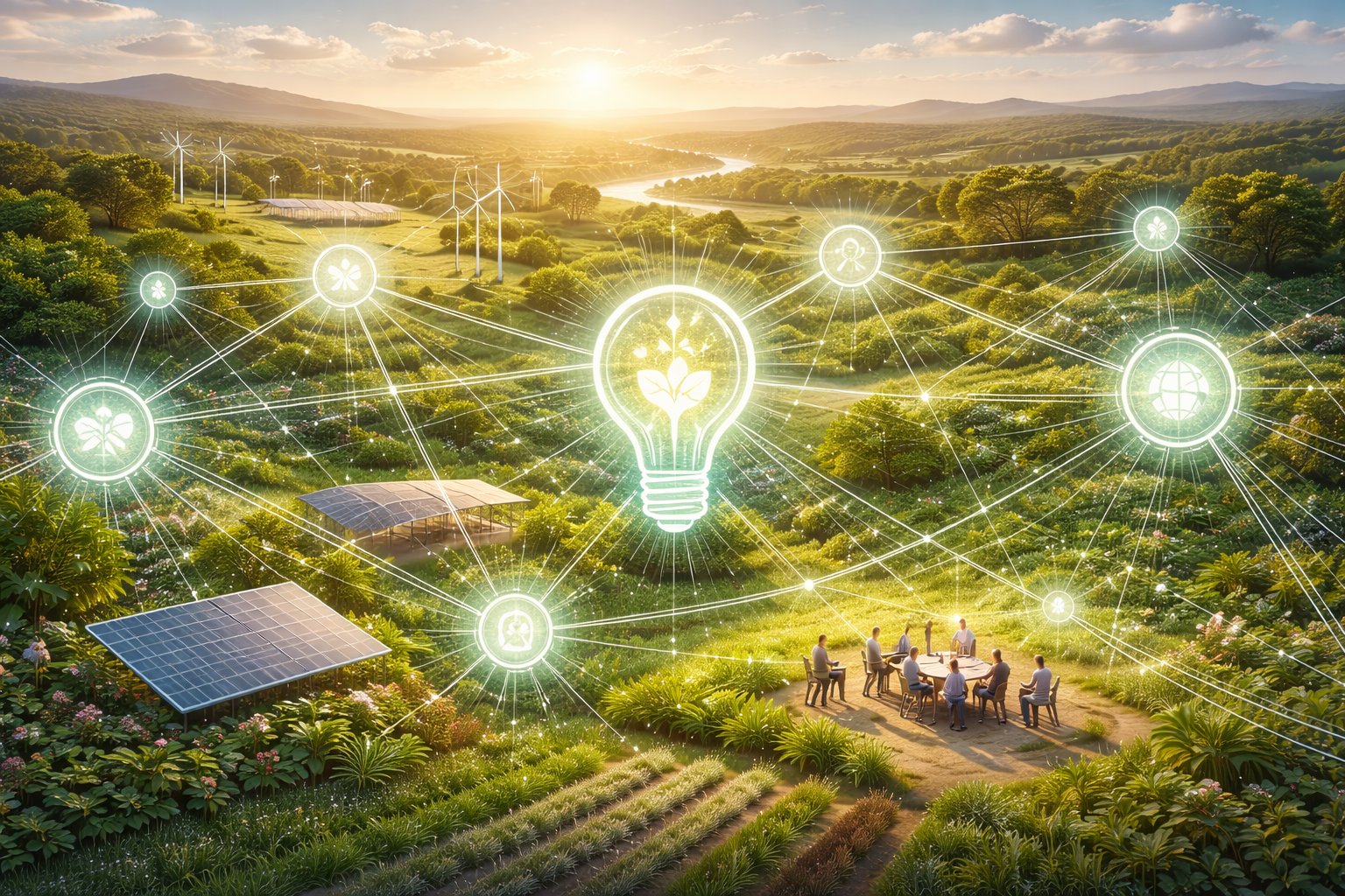 Abstract illustration of interconnected systems and shared knowledge