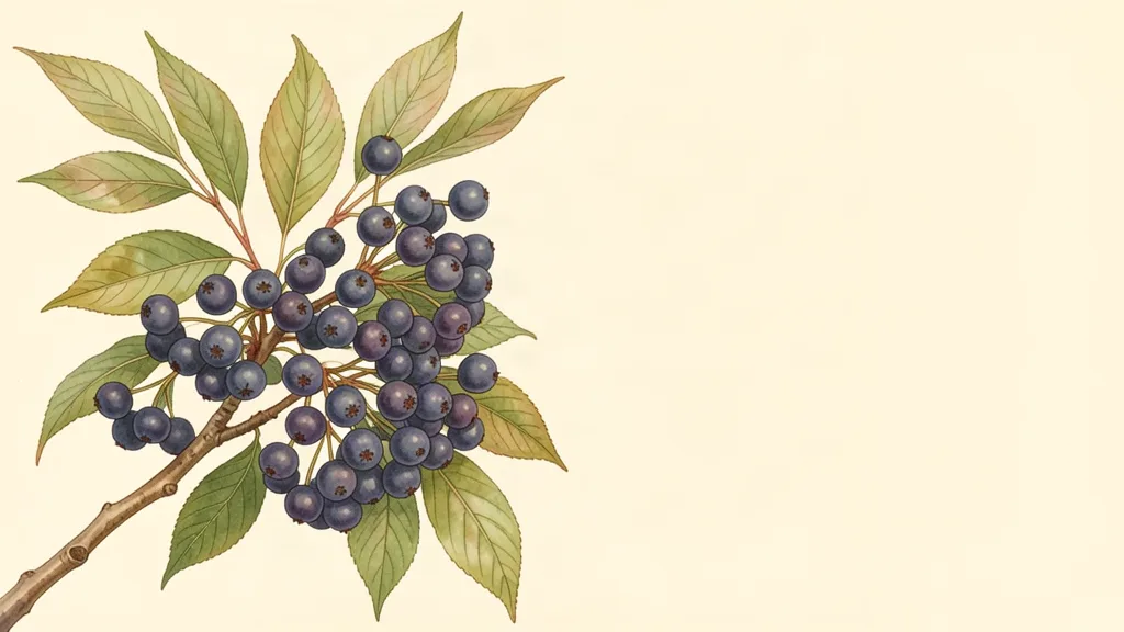 Botanical illustration of a serviceberry branch heavy with ripe berries