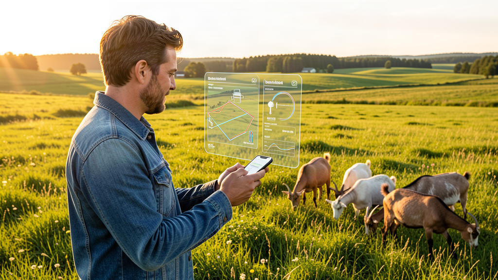 A farmer in a pasture with goats, using a smartphone with an augmented-reality interface to control farm systems